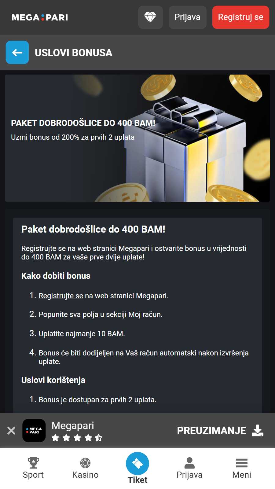 Megapari Bonuses Page