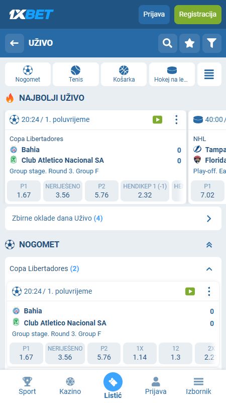 1xbet sučelje za klađenje uživo