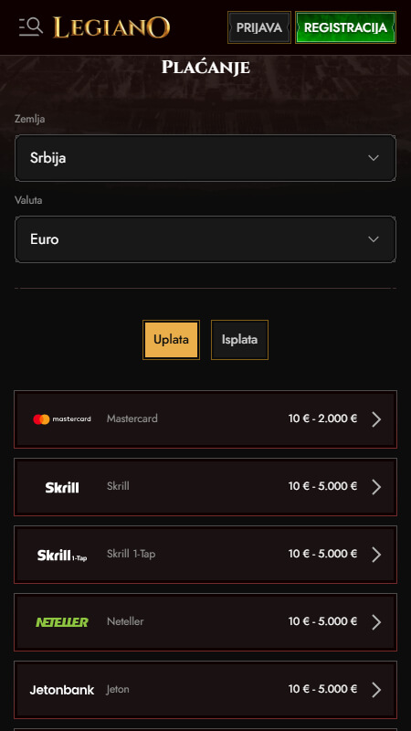Legiano kladionice opcija za plaćanje