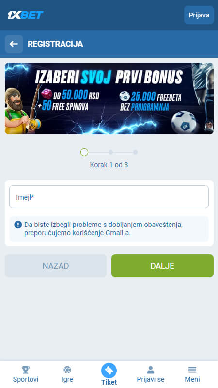 1xBet Serbia registration step 1