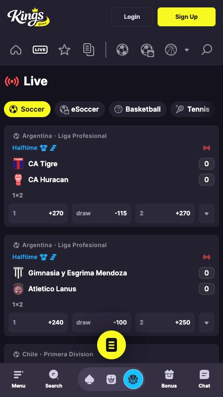 Interfejs za klađenje uživo na Kings Game