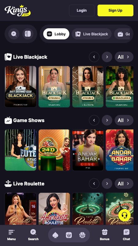 Interfejs kazina uživo na Kings Game