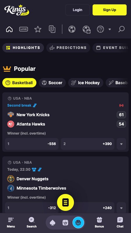 Interfejs za sportsko klađenje na Kings Game