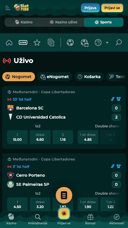 Sučelje za klađenje uživo na Slotrize