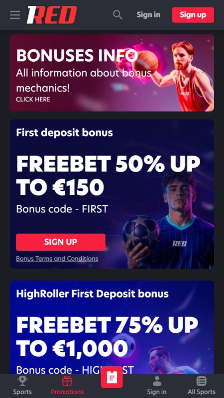 1Red sport bonuses