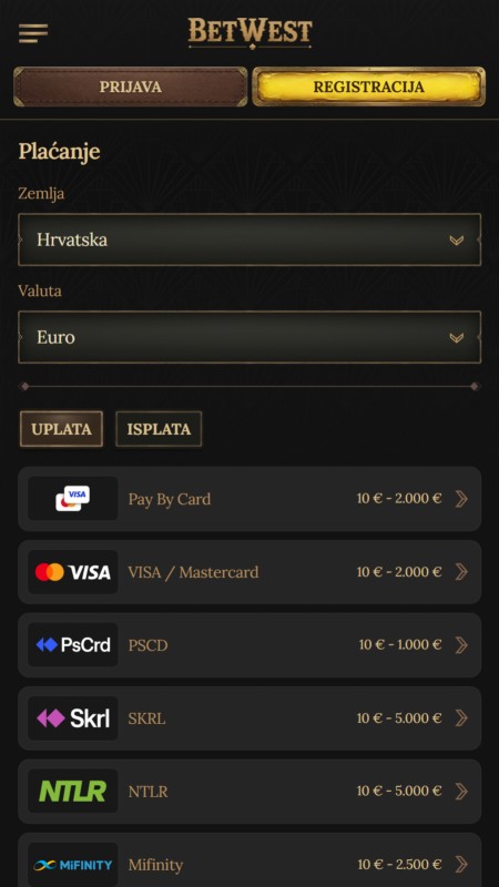 Betwest payment methods