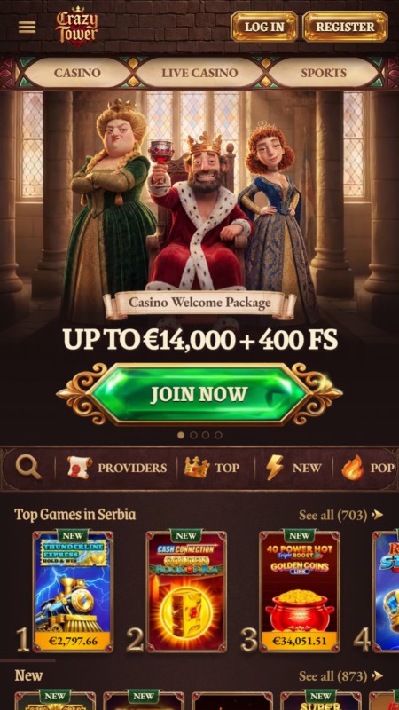 Crazy Tower casino homepage