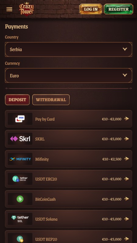 Crazy Tower payment methods