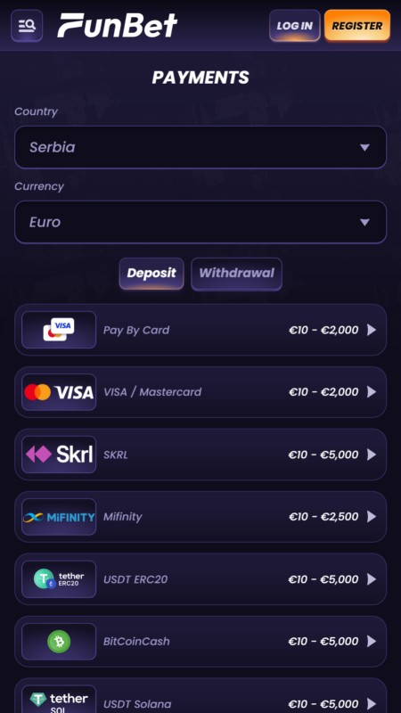 Funbet payment methods