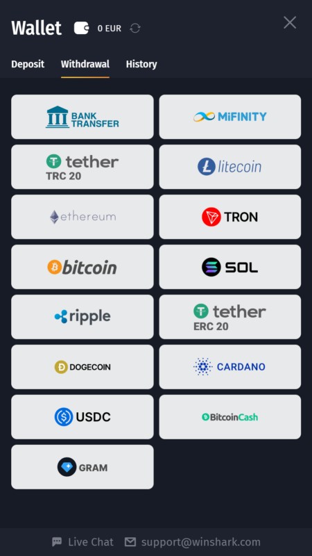 Winshark payment methods